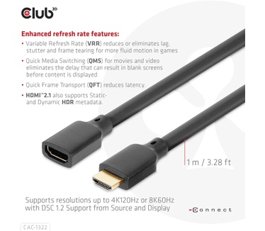 Club 3D Ultra High Speed HDMI Extension Cable 4K120Hz 8K60Hz 48Gbps M/F 1 m / 3.28 ft 30AWG