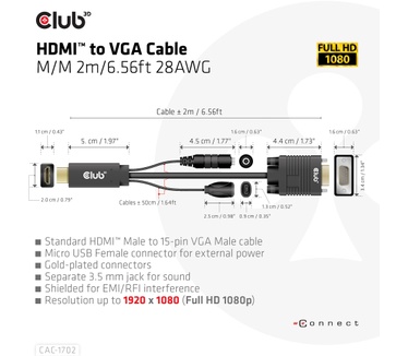 Club 3D HDMI to VGA Cable M/M 2m/6.56ft 28AWG