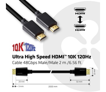 Club 3D Ultra High Speed HDMI 2.1 Kabel 10K 120Hz 48Gbps Male/Male 2 meter (CAC-1372) Zwart