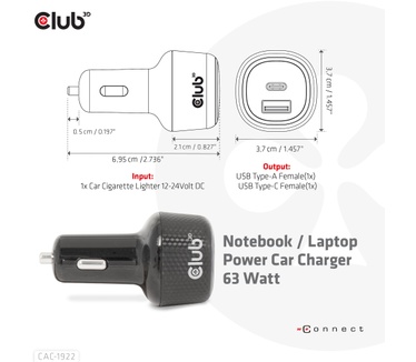 Club 3D Notebook / Laptop Power Car Charger 63 Watt