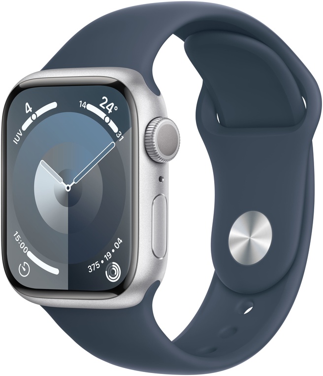 Apple Watch Series 9, 41mm, GPS, Aluminium, Sportbandje S/M Zilver (Blauw)