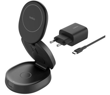 Belkin MagSafe compatible Lader, 3-in-1 verstelbare magnetische laadstandaard, Qi2-gecertificeerd, 15 W draadloze oplader voor iPhone 16, Apple Watch, AirPods, antislip, 36W-lader meegeleverd - Zwart