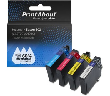 PrintAbout Huismerk Epson 502 (C13T02V64010) Inktcartridge 4-kleuren Voordeelbundel
