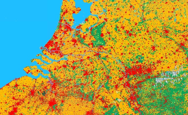 Dynamic World-uitsnit van Vlaanderen en Nederland