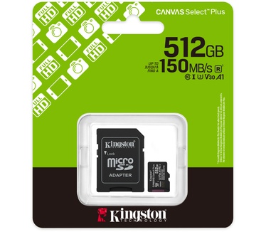 Kingston 512GB microSDXC Canvas Select Plus Gen3 150MB/s A1 kaart + adapter