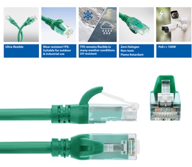 ACT Groene 0,25 meter TPE U/UTP CAT6A ultra-flex patchkabel snagless met RJ45 connectoren