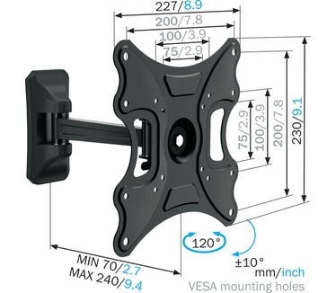 Mount Massive MNT 104 TV muurbeugel voor 48-102 cm (19-40 inch) televisie, 120° draaibaar en kantelbaar, max. 15 kg, Vesa max. 200 x 200, zwart