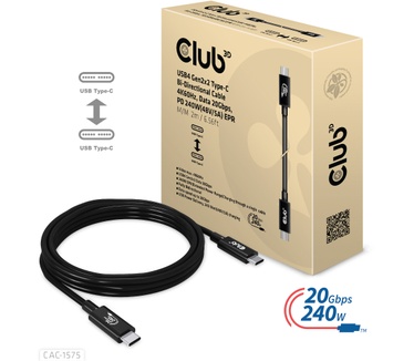 Club 3D USB4 Gen2x2 Type-C Bi-Directional Cable 4K60Hz, Data 20Gbps, PD 240W(48V/5A) EPR M/M 2m USB IF GECERTIFCIEERD