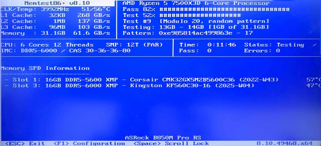 Memtest86+ met verschillende DDR5-modules op de Ryzen 5 7500X3D