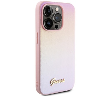 Guess Iridescent Metal Script Back Case iPhone 15 Pro Max - Roze Roze