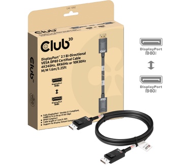 Club 3D DisplayPort™ 2.1 Bi-Directional VESA DP80 Certified Cable 4K120Hz, 8K60Hz or 10K60Hz M/M 1.6m/5.25ft