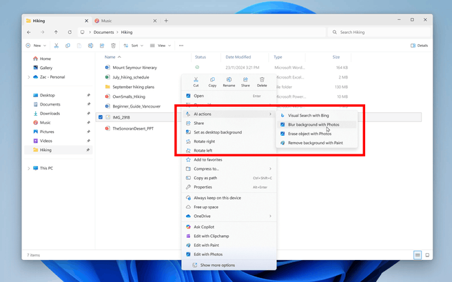 AI-shortcuts in Verkenner File Explorer Windows 11