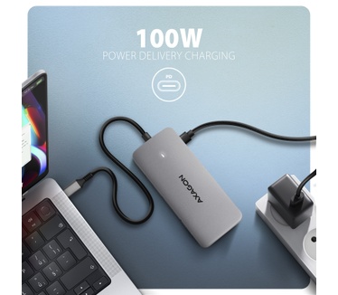 Axagon HUB USB HMC-CUB83X2, USB 10Gbps hub, 2x USB-A, USB-C, HDMI & DP 4k/144Hz, RJ-45 GLAN, PD 100W, kabel USB-C 15cm