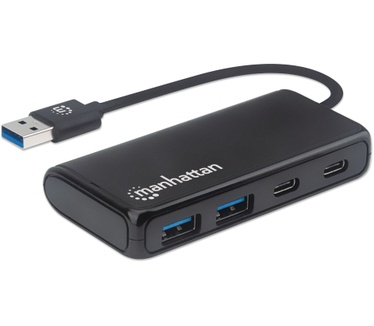 Manhattan USB-A Hub/Dock, USB-A to 2x USB-C and 2x USB-A Ports, 5 Gbps (USB 3.2 Gen1), Bus Power, Cable 13.5cm, Black