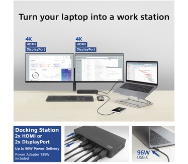 ACT USB-C Docking Station 4K, for 2 HDMI or DisplayPort monitors, DisplayLink