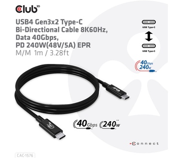 Club 3D USB4 Gen3x2 Type-C Bi-Directional Cable, 1M Zwart