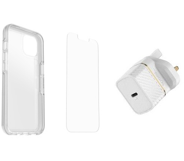 Otterbox Symmetry Clear + Alpha Glass Anti-Microbial + UK USB-C Wall Charger 20W Series voor Apple iPhone 13, transparant