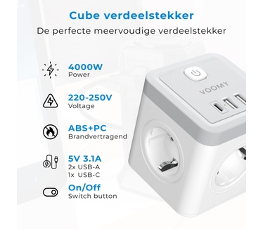 Voomy Cube Verdeelstekker 2.0 - USB-C 20W Snellader - Stopcontact Splitter - USB-C + USB-A - Stekkerdoos Powercube - Zwart
