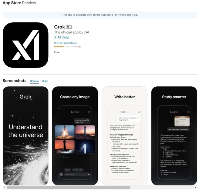Grok-app als App Store Preview