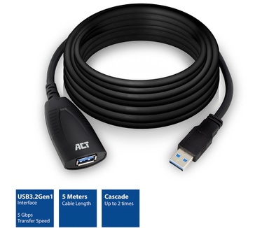ACT AC6105 USB 3.2 Gen1 booster kabel, 5 meter Zwart