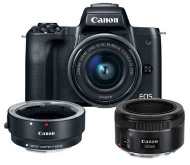 Canon EOS M50 zwart + 15-45 IS STM + 50mm F/1.8 + M-Mount Adapter