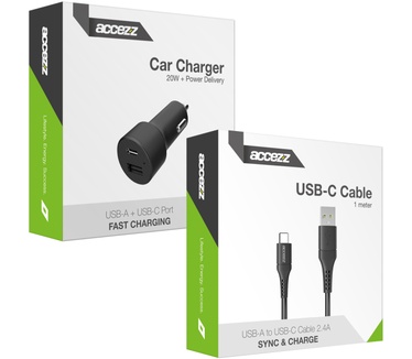 Accezz Car Charger met USB-C naar USB kabel - Autolader - 20 Watt - 1 meter - Zwart