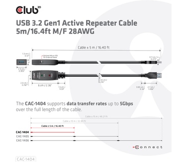 Club 3D USB 3.2 Gen1 Active Repeater Cable 5m/ 16.4 ft M/F 28AWG