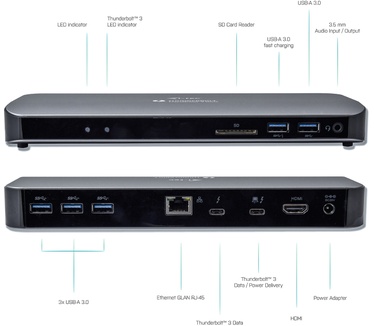 iTEC Thunderbolt 3 Dual 4K Docking Station with Power Delivery 65W + Two TB3 Cables: 150cm & 70cm