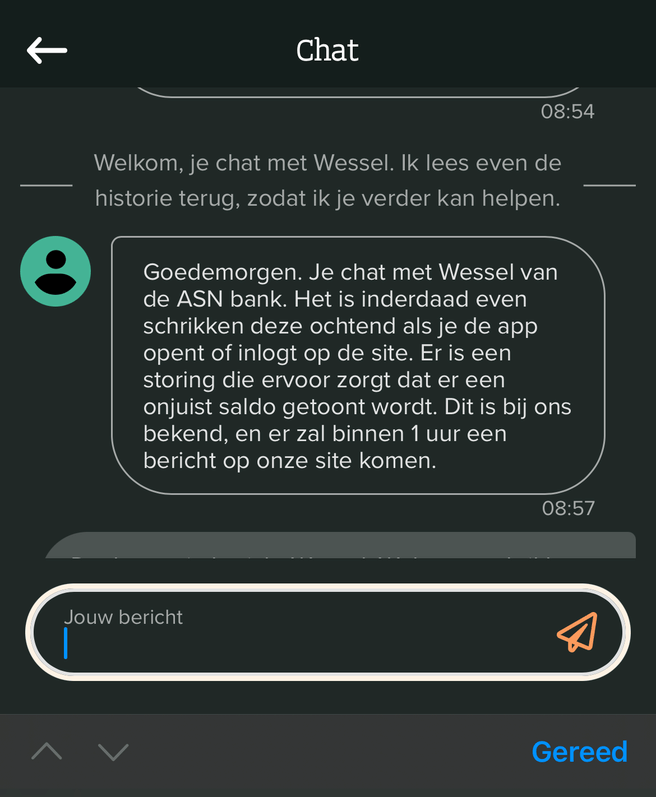 ASN bevestigt storing in chat