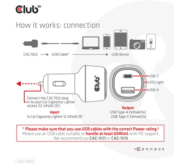 Club 3D Notebook / Laptop Power Car Charger 63 Watt