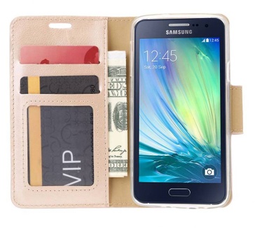 Luxe Lederen Bookcase hoesje voor de Samsung Galaxy A3 - Goud (Samsung Galaxy A3) Goud