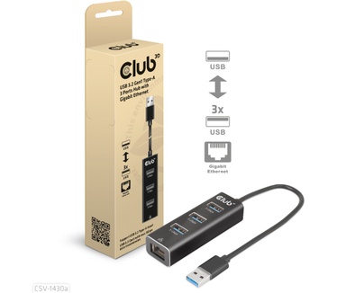 Club 3D USB 3.2 Gen1 Type-A, 3 Ports Hub with Gigabit Ethernet