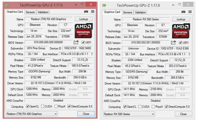 RX 480 flash - GPU-Z voor en Na