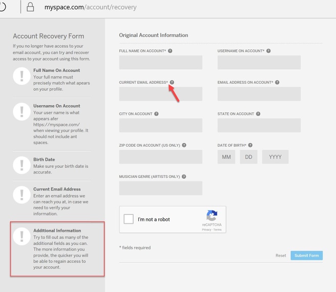 myspace account recovery