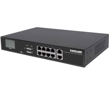 Intellinet 8-Port Gigabit Ethernet PoE+ Switch with 2 RJ45 Gigabit Uplink Ports and LCD Screen, LCD Display, IEEE 802.3at/af Power over Ethernet (PoE+/PoE) Compliant, 130 W, Endspan, 19" Rackmount (Euro 2-pin plug)