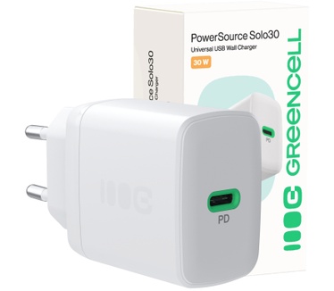 Green Cell Greencell PowerSource Solo30 Wit 30W USB-C Power Delivery Compacte snellader met USB-C voor iPhone 16, iPad Pro, compatibel met iPhone 16/15/15 Plus/iPhone iPad