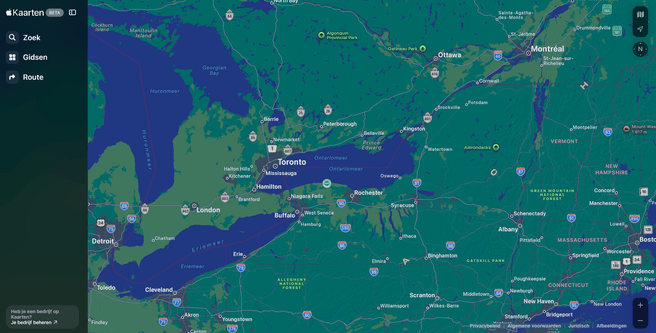 Het Ontariomeer op Apple Maps (in Nederland). Bron: Apple