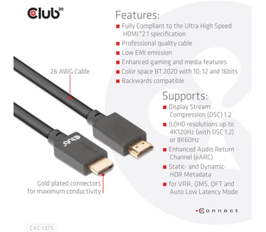 Club 3D CLUB3D Ultra High Speed HDMI™ Certified Cable 4K120Hz 8K60Hz 48Gbps M/M 5m/16.4ft HDMI Kabel
