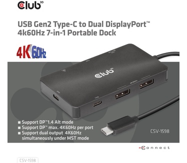 Club 3D USB Gen2 Type-C to Dual DisplayPort 4k60Hz 7-in-1 Portable Dock