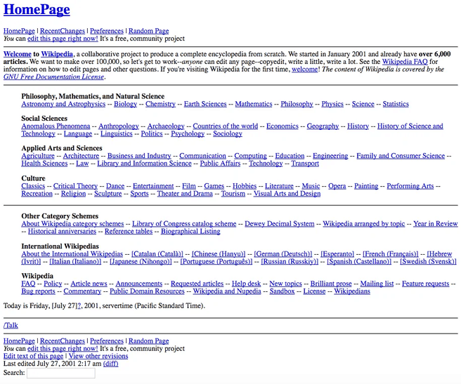 Wikipedia homepage 2001