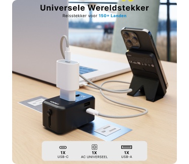 Voomy Universele Wereldstekker - 150+ Landen - 2 USB Poorten - Reisstekker Wereld - Zwart