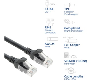 ACT Zwarte 1,5 meter TPE U/UTP CAT6A ultra-flex patchkabel snagless met RJ45 connectoren