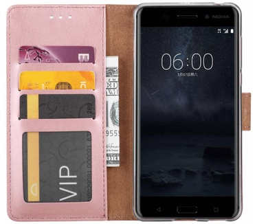 Luxe Lederen Bookcase hoesje voor de Nokia 6 - Metallic Roze (Nokia 6) Rosé Goud