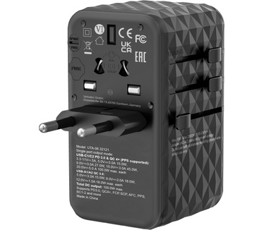 Verbatim GaN III universele reisadapter UTA-06 Met 2 x USB-C PD & QC 4+ & 2 x USB-A QC 3.0 poorten