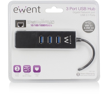 Ewent EW1140 3 Poorts USB 3.1 Gen1 (USB 3.0) Hub met Gigabit netwerkpport