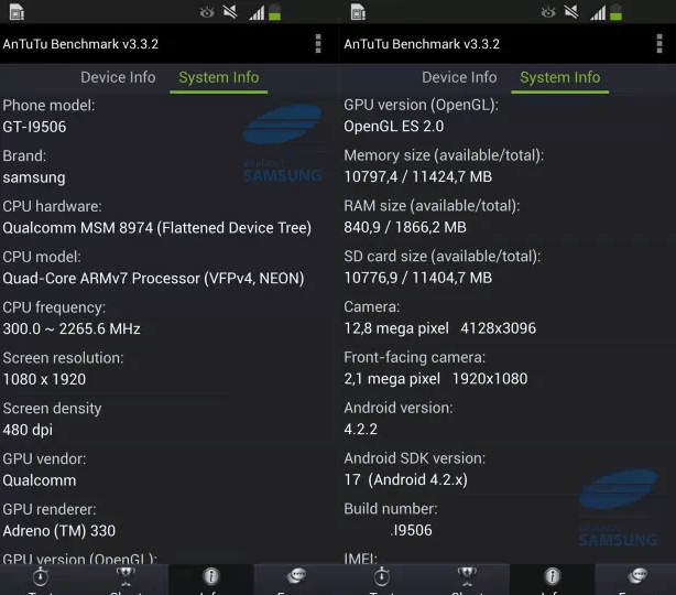 Galaxy S4 met Snapdragon 800 specsheet