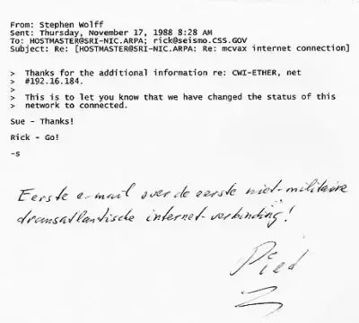 mail over Internetverbinding Piet Beertema, 1988