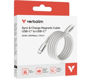 Verbatim Sync & Charge Magnetische Kabel - 100W USB-C naar USB-C 120 cm Grijs