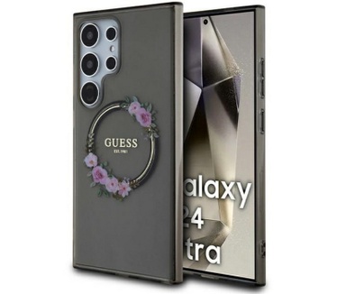 Guess Flowers Wreath Back Case - Samsung Galaxy S24 Ultra - Zwart Zwart