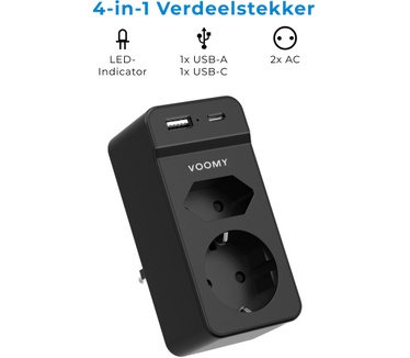 Voomy Verdeelstekker - 1 USB-C & 1 USB-A Poort - 2 stopcontacten - 4000W - Zwart